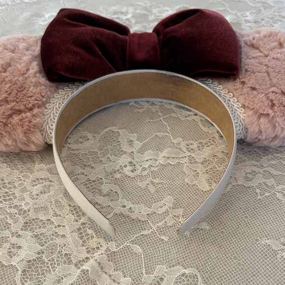 Dainty Coquette Plush Blush Pink Minnie Ears Headband with Burgundy Velvet Bow - Picture 3 of 3